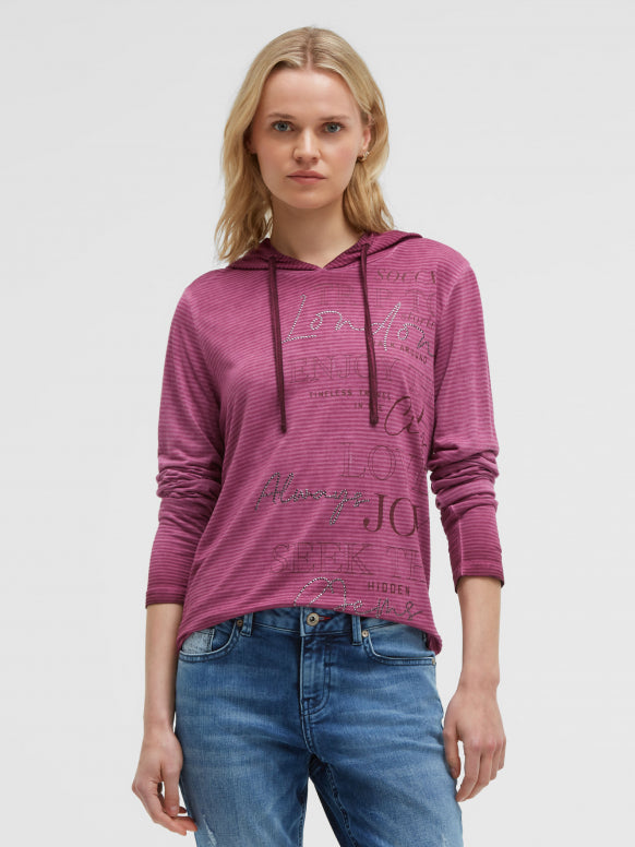 SOCCX Gestreiftes Kapuzenshirt mitPrint und Schmucksteinen - dark cherry