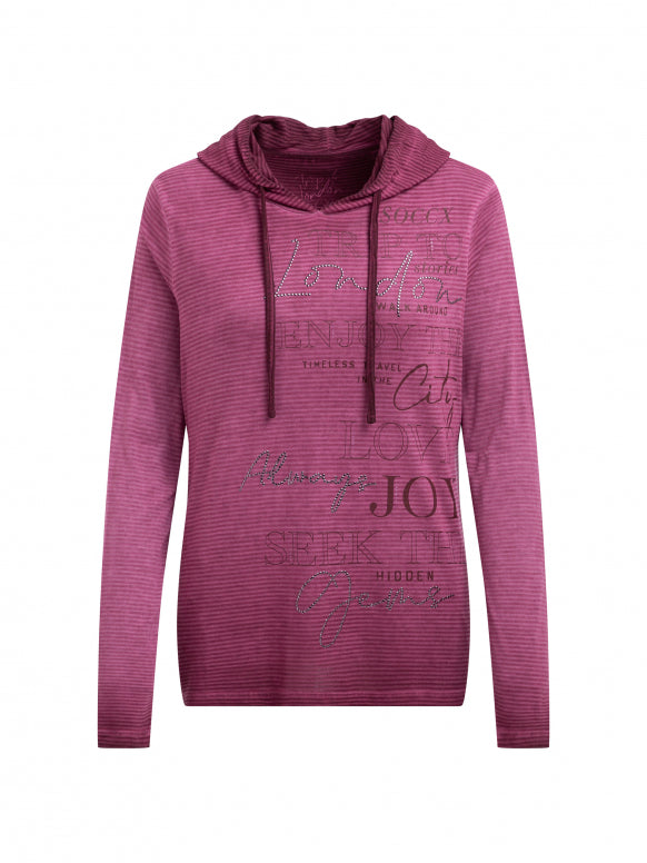 SOCCX Gestreiftes Kapuzenshirt mitPrint und Schmucksteinen - dark cherry
