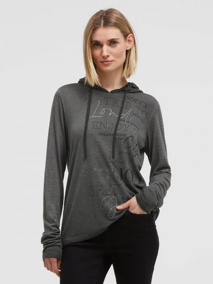 SOCCX Gestreiftes Kapuzenshirt mitPrint und Schmucksteinen - black