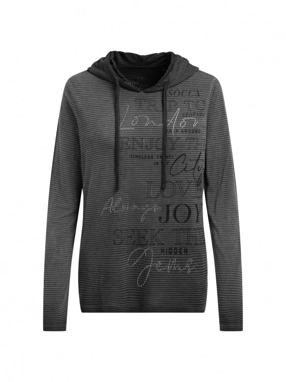 SOCCX Gestreiftes Kapuzenshirt mitPrint und Schmucksteinen - black