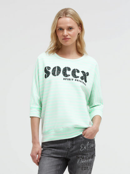 SOCCX Gestreiftes Kurzarm-Sweatshirt mit Pailletten-Logo - ocean mint