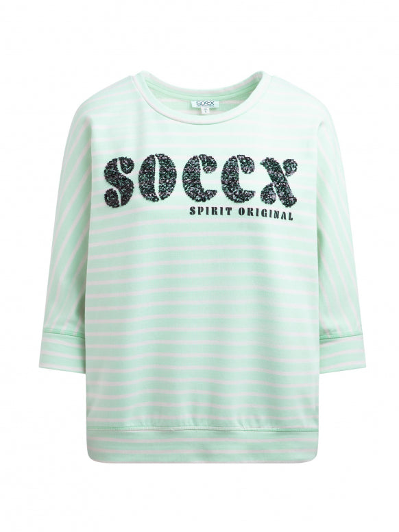 SOCCX Gestreiftes Kurzarm-Sweatshirt mit Pailletten-Logo - ocean mint
