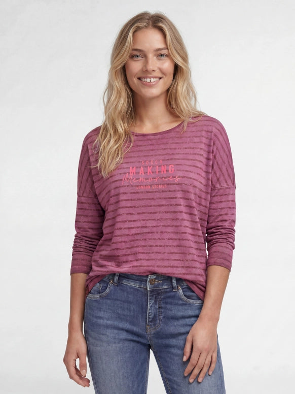 SOCCX Gestreiftes Shirt mit Rückenprint und 3/4-Arm - dark cherry