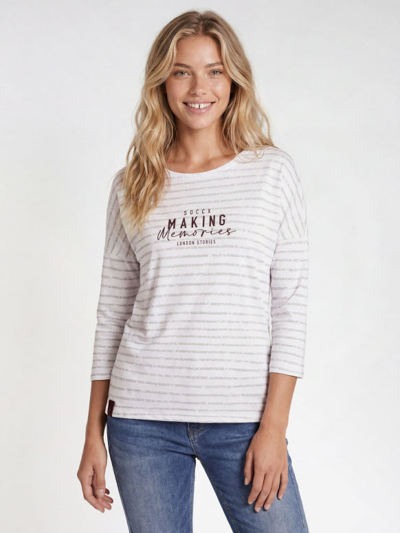 SOCCX Gestreiftes Shirt mit Rückenprint und 3/4-Arm - opticwhite