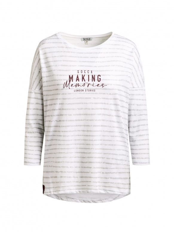 SOCCX Gestreiftes Shirt mit Rückenprint und 3/4-Arm - opticwhite