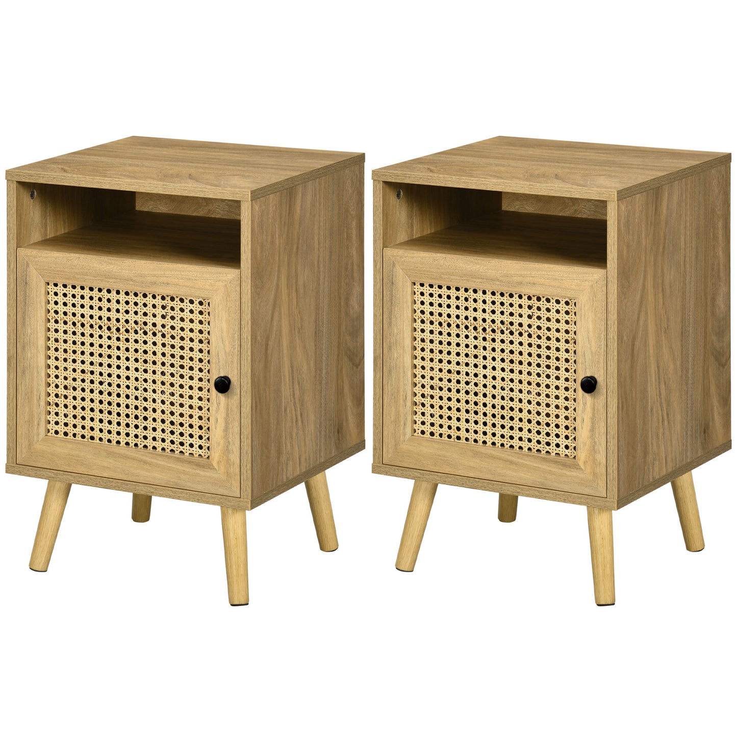 HOMCOM Lot de 2 Nachttisch Nachtschrank mit Schrank Tür Rattan Flechtwerk und Fach Vintage Design 39 x 35 x 60 cm Natur   Aosom