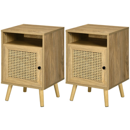 HOMCOM Lot de 2 Nachttisch Nachtschrank mit Schrank Tür Rattan Flechtwerk und Fach Vintage Design 39 x 35 x 60 cm Natur   Aosom