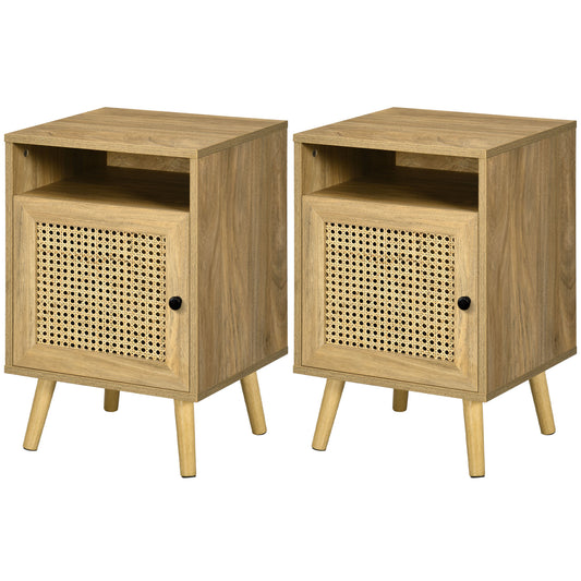 HOMCOM Lot de 2 Nachttisch Nachtschrank mit Schrank Tür Rattan Flechtwerk und Fach Vintage Design 39 x 35 x 60 cm Natur   Aosom