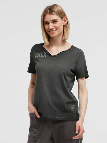 SOCCX Henley-Shirt im Used Look mit Artworks - black