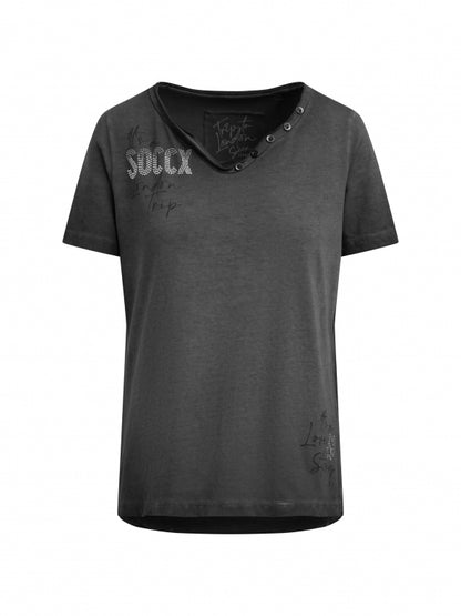 SOCCX Henley-Shirt im Used Look mit Artworks - black