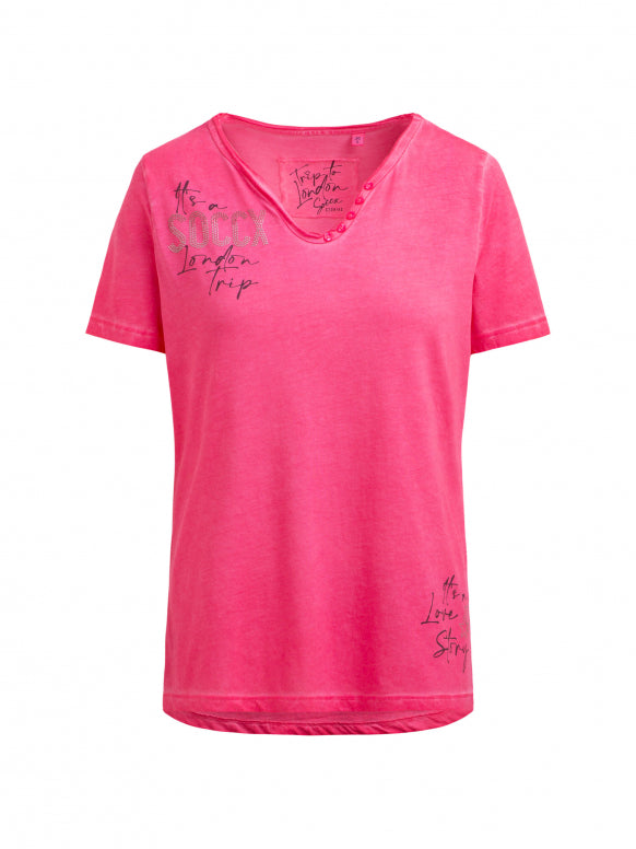 SOCCX Henley-Shirt im Used Look mit Artworks - rosy neon