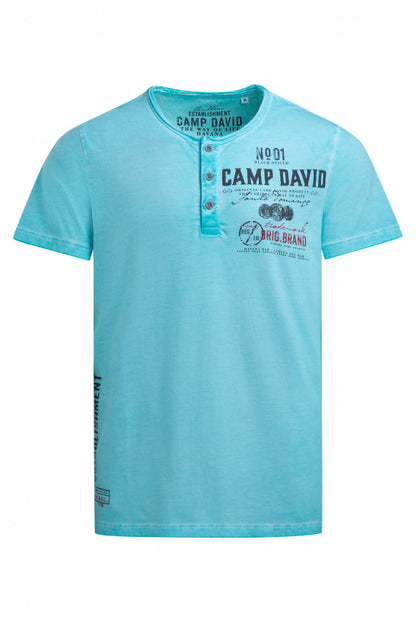 CAMP DAVID Henley-Shirt Oil Dyed mit Label Prints - aqua splash