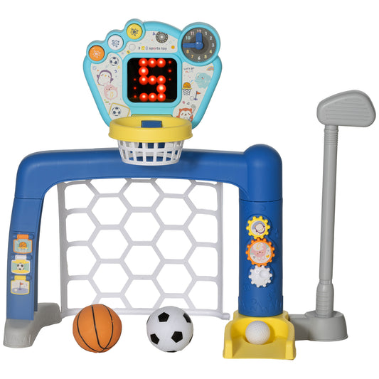 AIYAPLAY Fußballtor für Kinder, 3-in-1 Multi-Activity Center mit verstellbarem Basketballkorb, Scoreboard, Golfset, Sound- und Lichteffekten, für 18-48 Monate, bunt   Aosom