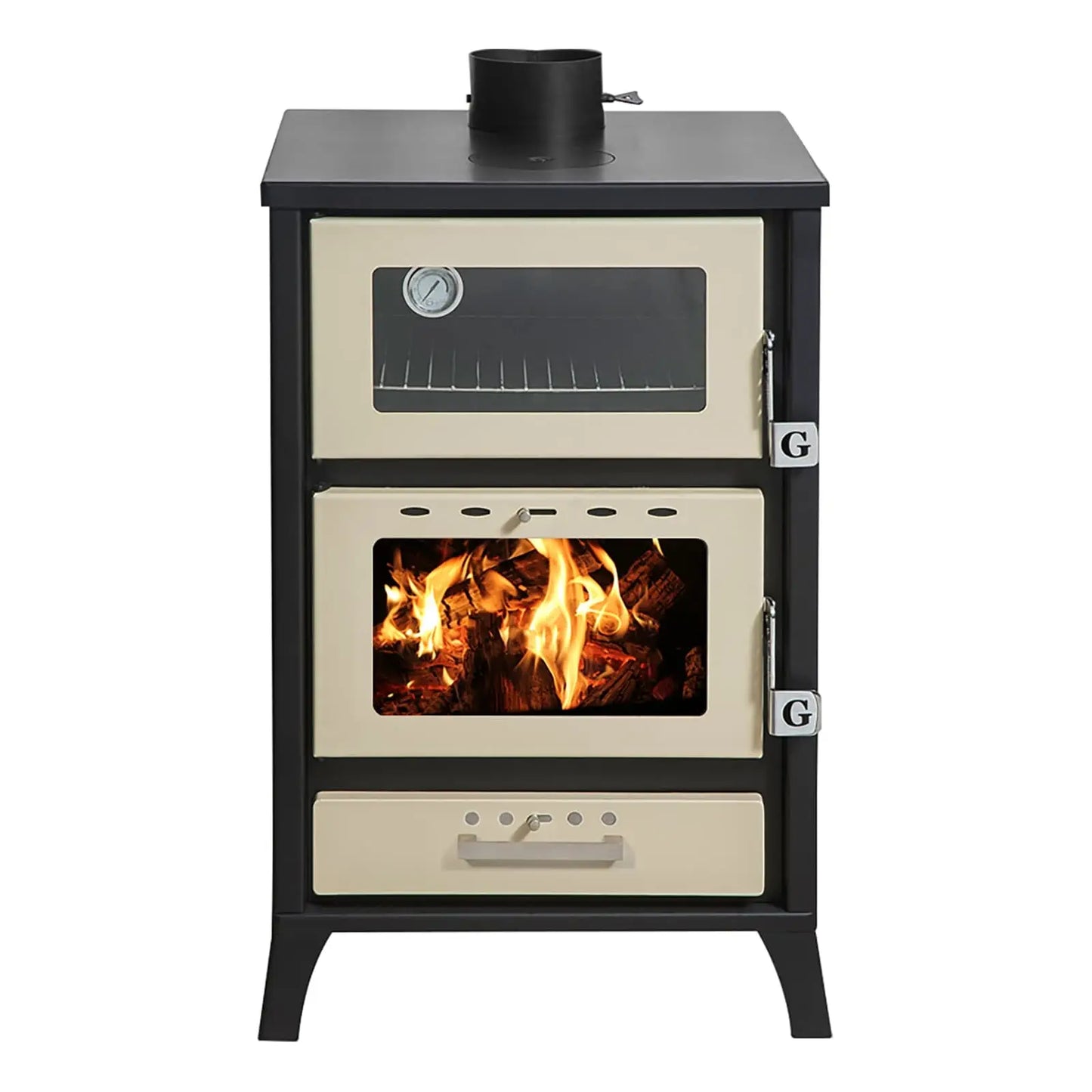 Holzofen mit Pizzafach / Backfach mit 22 kW, bis zu 200m² Wohnfläche - Beige