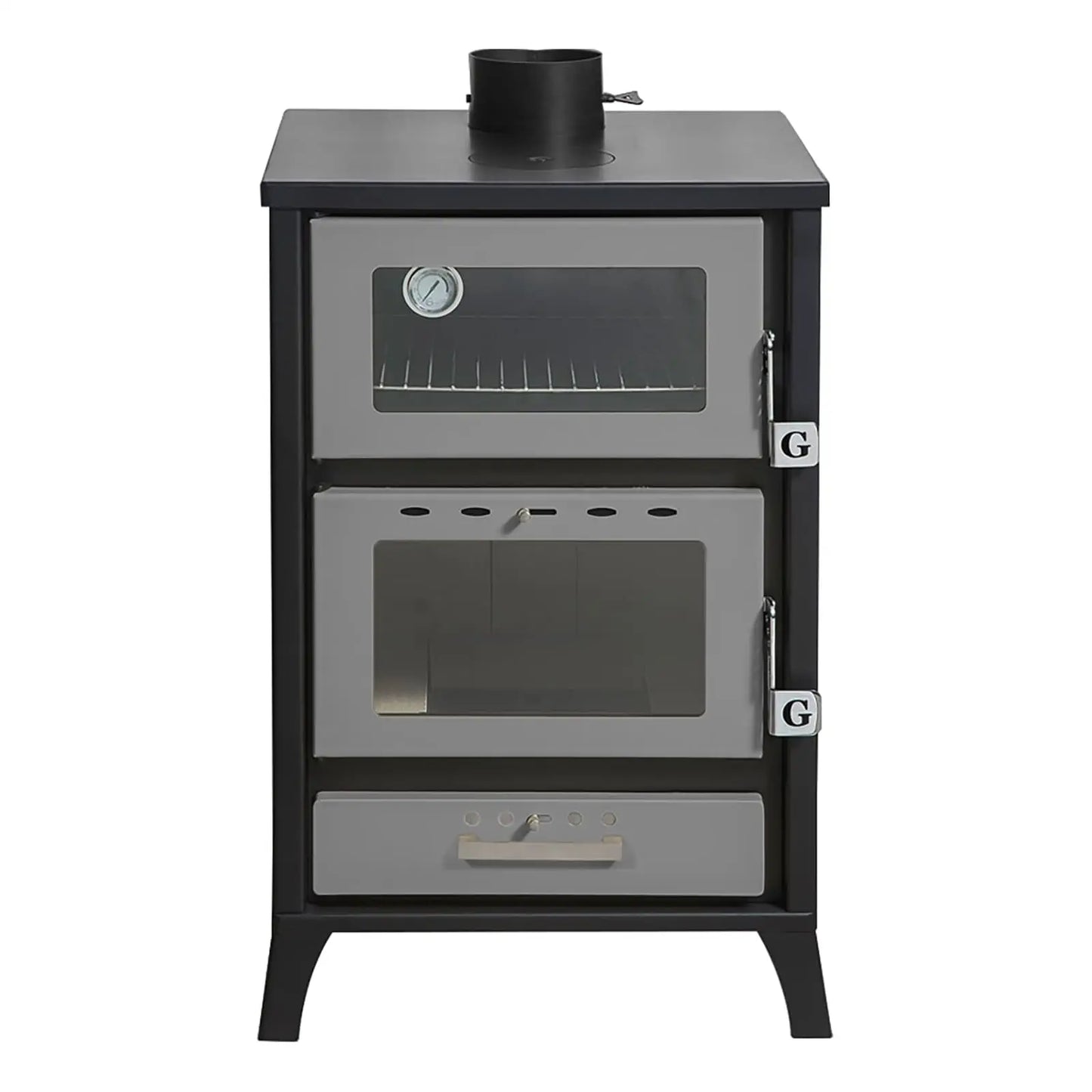 Holzofen mit Pizzafach / Backfach mit 22 kW, bis zu 200m² Wohnfläche - Silber