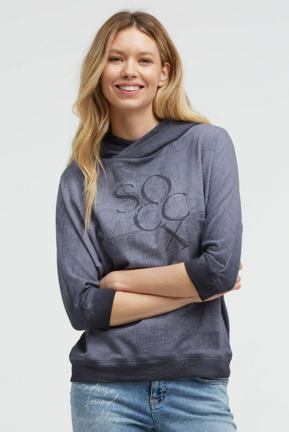 SOCCX Hoodie mit 3/4-Arm und Wording Prints - blue grey