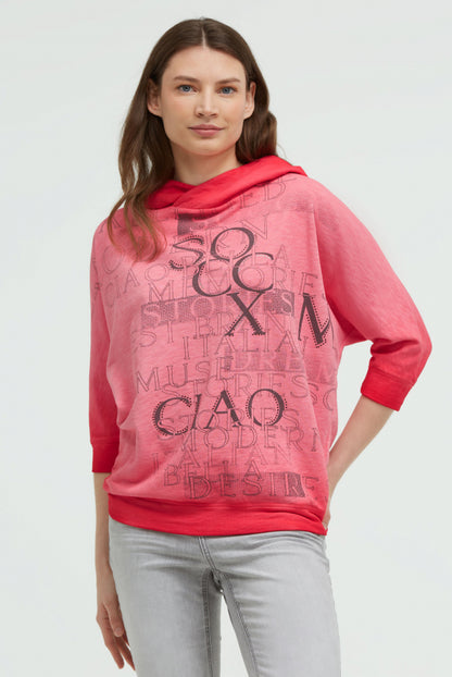 SOCCX Hoodie mit 3/4-Arm und Wording Prints - red orange