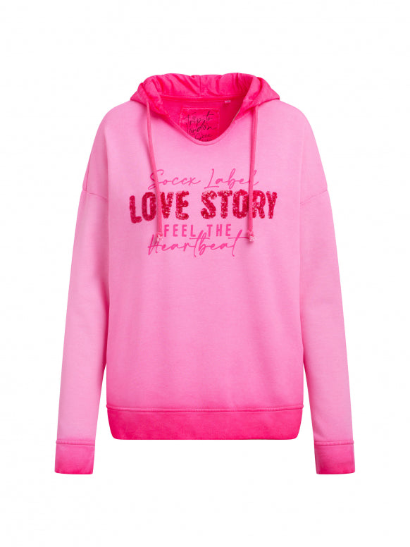 SOCCX Hoodie Oil Dyed mit Pailletten-Wording - rosy neon