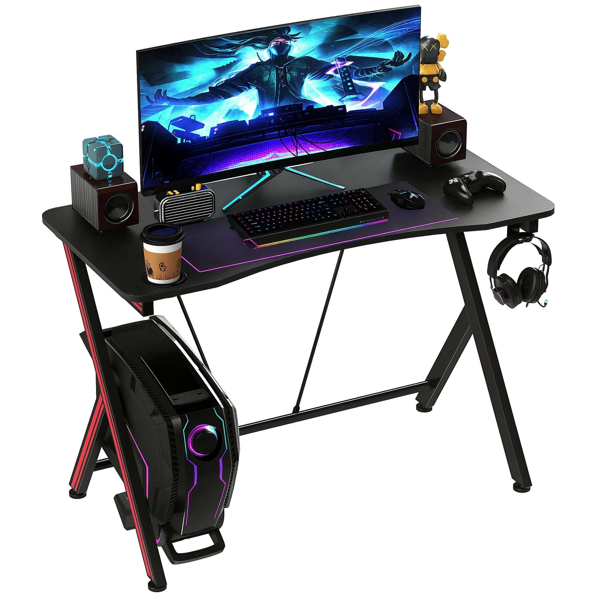 HOMCOM Gaming Tisch Schreibtisch mit Kopfhörerhaken Getränkehalter 105x55x75cm aus Stahl und MDF in Schwarz für Gamer und Home Office   Aosom.de