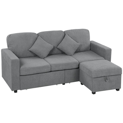 HOMCOM Ecksofa 3-Sitzer Modulares Ecksofa aus Ripp-Velours 196x139x85 cm mit Aufbewahrungshocker Abnehmbaren Kissen, Umkehrbares L-Form Sofa für Wohnzimmer, Hellgrau   Aosom