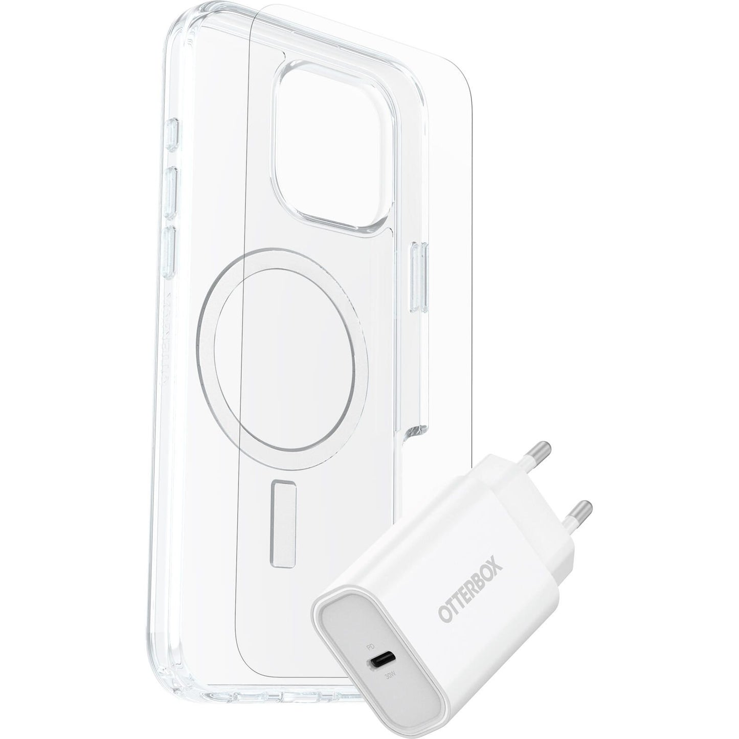 OtterBox KIT Apple iPhone 16 Pro Max (Symmetry Clear MagSafe / Premium Glass / EU USB-C Wall Charger 30W - white)