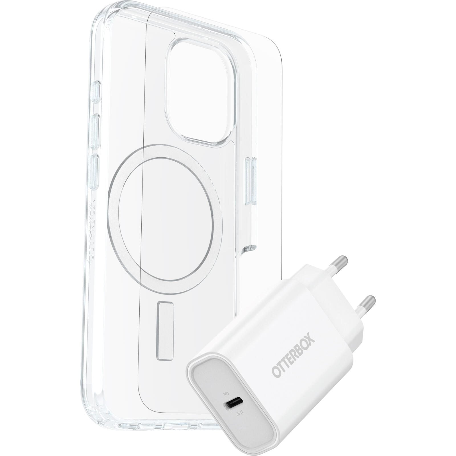 OtterBox KIT Apple iPhone 16 (Symmetry Clear MagSafe / Premium Glass / EU USB-C Wall Charger 30W - white)