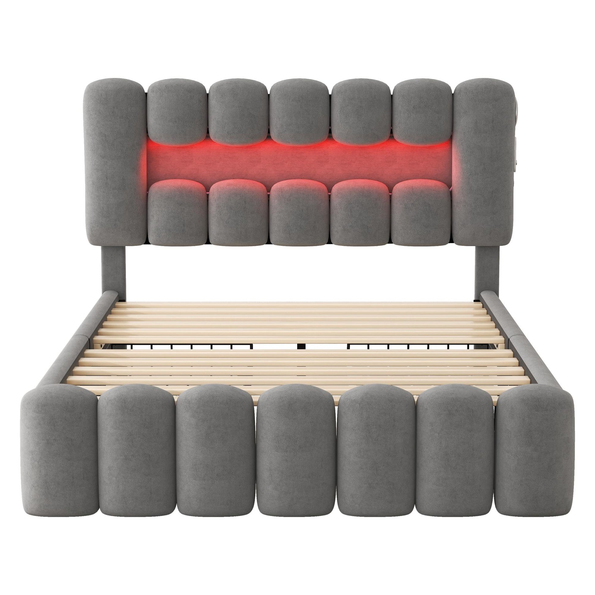 Doppelbett, Polsterbett 160x200 cm, moderner Samtoptik komfortabel mit 4 Schubladen, LED-Lichtleiste, Grau, Flexibel einstellbares Kopfteil   Aosom.de