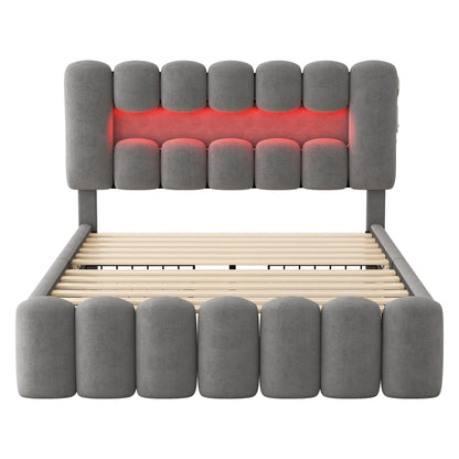 Doppelbett, Polsterbett 160x200 cm, moderner Samtoptik komfortabel mit 4 Schubladen, LED-Lichtleiste, Grau, Flexibel einstellbares Kopfteil   Aosom.de