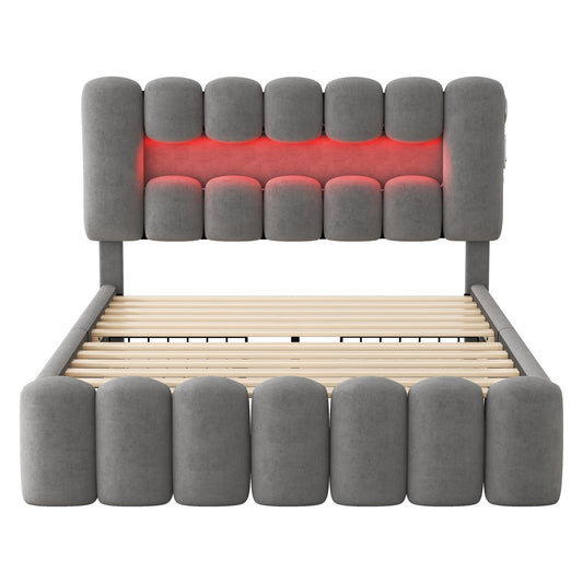 Doppelbett, Polsterbett 160x200 cm, moderner Samtoptik komfortabel mit 4 Schubladen, LED-Lichtleiste, Grau, Flexibel einstellbares Kopfteil   Aosom.de