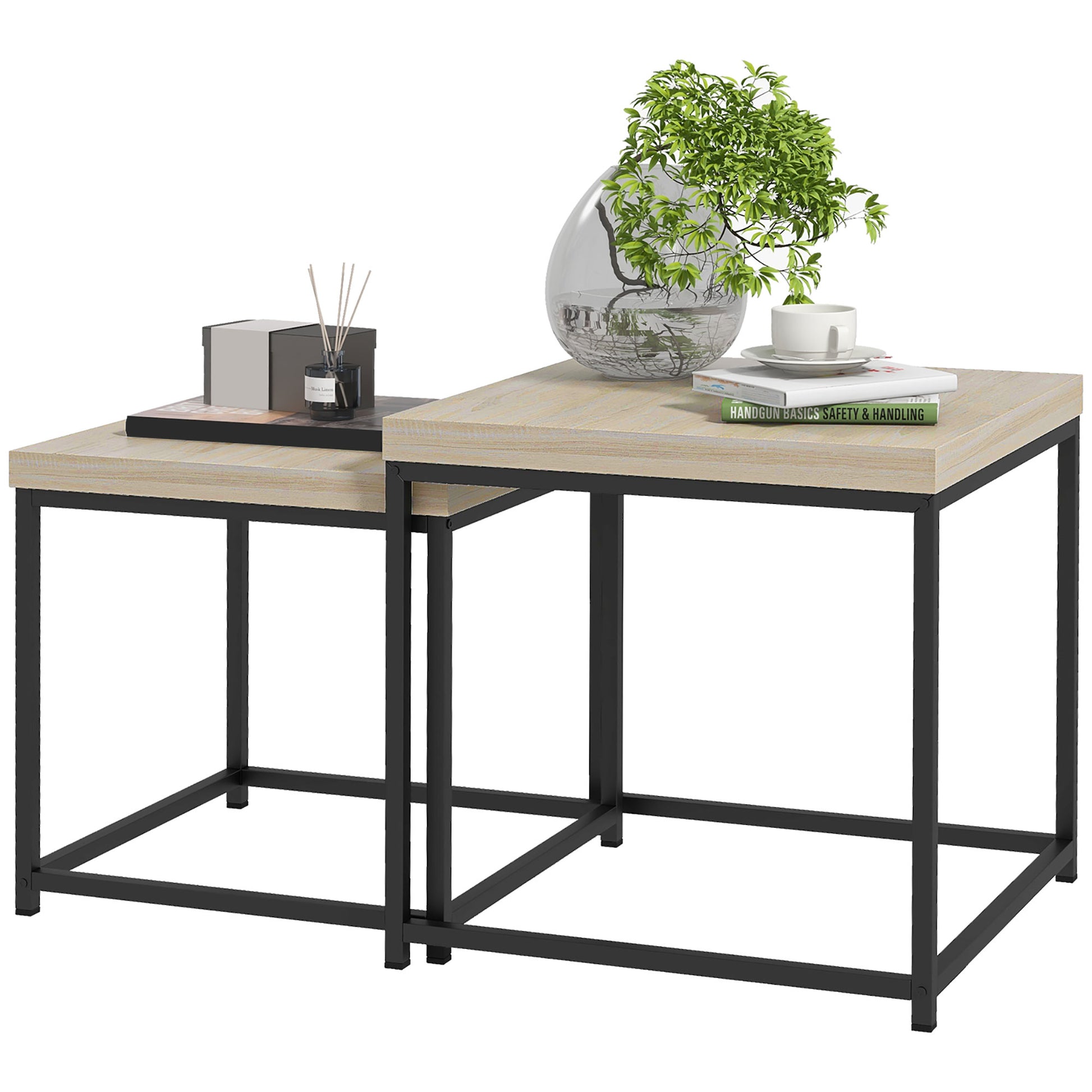 HOMCOM Set aus 2 ineinander stapelbaren Couchtischen quadratische Beistelltische Wohnzimmertische mit Stahlrahmen und hellen Holzplatten   Aosom