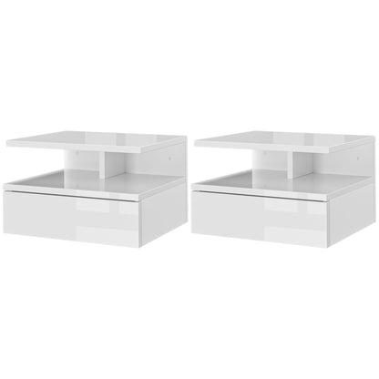 HOMCOM Set aus 2 Schwebenden Nachttischen für Schlafzimmer, Moderne Nachttische mit Schublade und oberem Regal aus Holz, 35x32x22.5cm, Hochglanz Weiß   Aosom