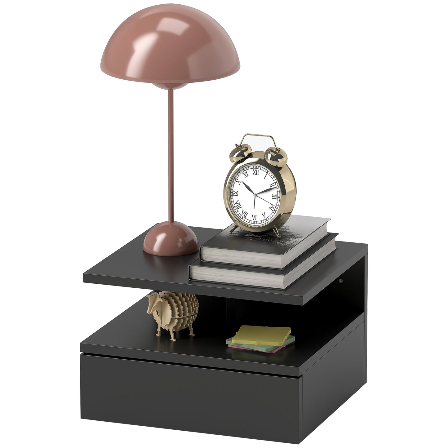 HOMCOM Schwebender Nachttisch für Schlafzimmer, Moderner Nachttisch mit Schublade und oberem Regal aus Holz, 35x32x22,5 cm, Schwarz   Aosom