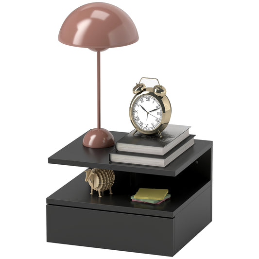 HOMCOM Schwebender Nachttisch für Schlafzimmer, Moderner Nachttisch mit Schublade und oberem Regal aus Holz, 35x32x22,5 cm, Schwarz   Aosom