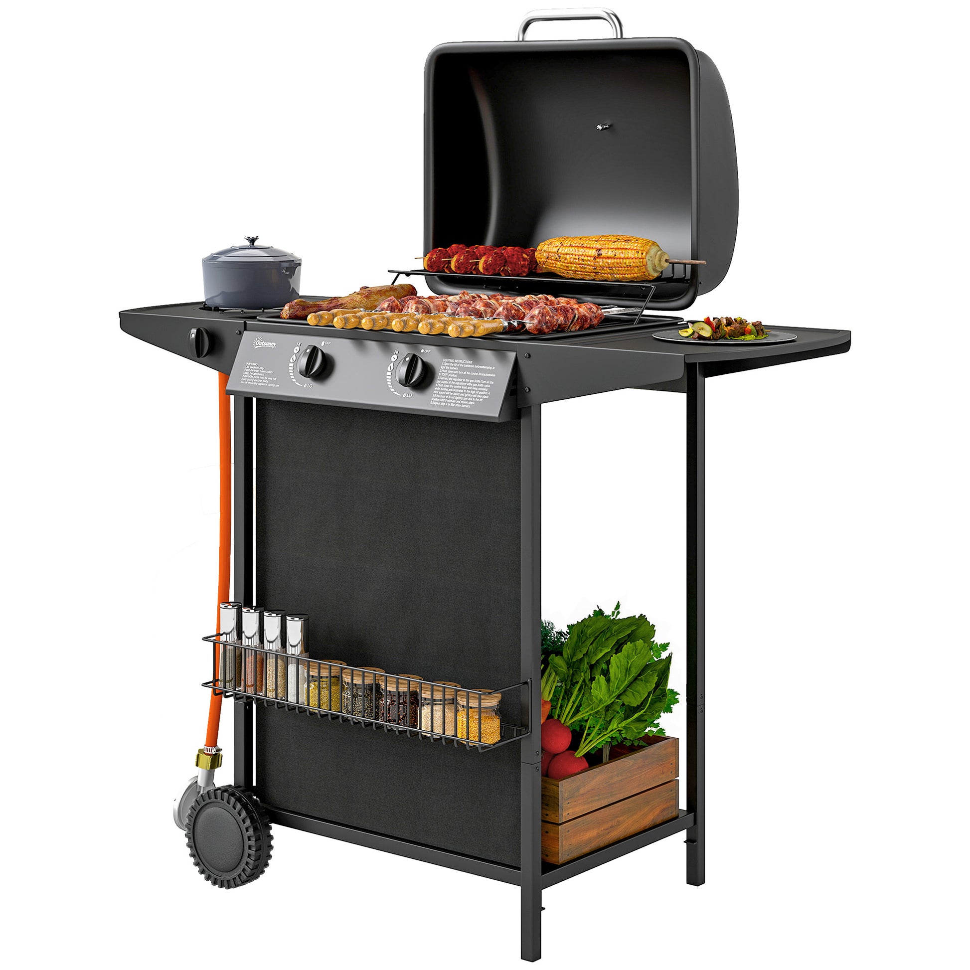 Outsunny Gasgrill 7 KW Grillwagen inkl 3 Brenner Seitenkocher Rolle Druckminderer Deckel Gasschlauch 2 Heizzonen Thermometer Seitenablagen, BBQ Gartengrill für Balkon, Grill 107 x 54 x 96 cm   Aosom