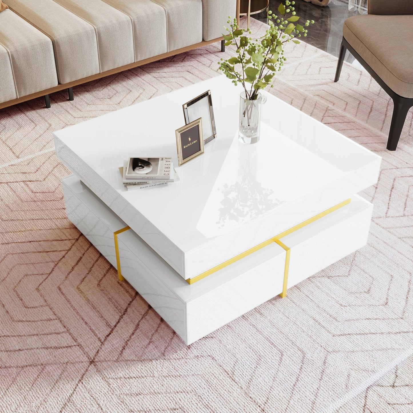 Couchtisch weiß hochglanz 70x70 cm mit 2 Schubladen MDF modern goldene Akzente für Wohnzimmer, Hochglanz-Finish, Kompaktes Design   Aosom.de