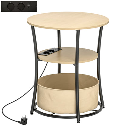 HOMCOM Beistelltisch 3-stufiger Couchtisch mit Ladestation, Stoff-Aufbewahrungstasche, Ablage, Wohnzimmertisch mit Metallrahmen, Kaffeetisch für Wohnzimmer Schlafzimmer 50x50x55,1 cm Naturholz   Aosom