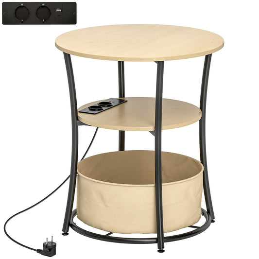 HOMCOM Beistelltisch 3-stufiger Couchtisch mit Ladestation, Stoff-Aufbewahrungstasche, Ablage, Wohnzimmertisch mit Metallrahmen, Kaffeetisch für Wohnzimmer Schlafzimmer 50x50x55,1 cm Naturholz   Aosom