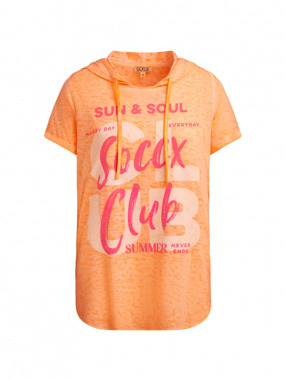 SOCCX Kapuzenshirt mit Ausbrenner-Effekten und Print - neon apricot