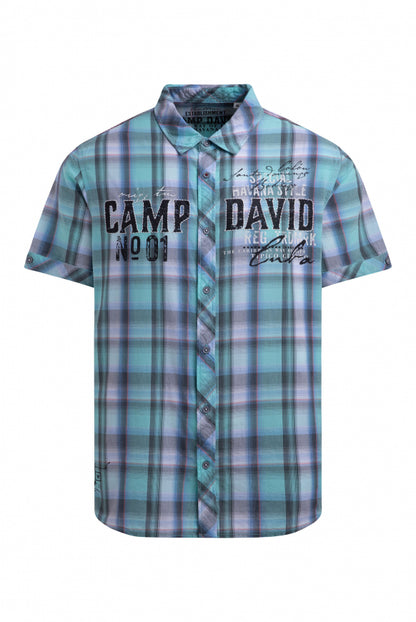 CAMP DAVID Kariertes Kurzarmhemd mit Logo Prints - aqua splash