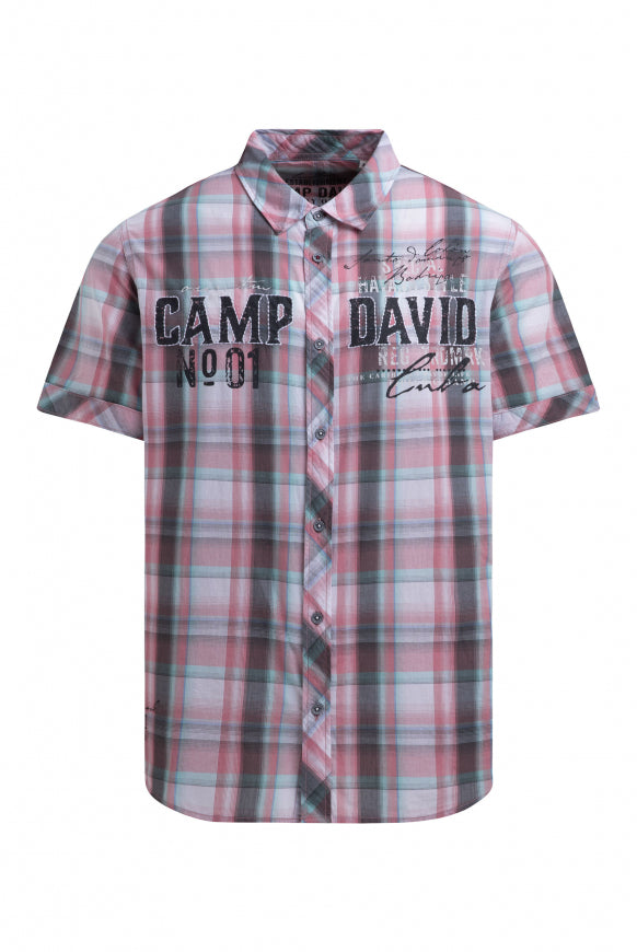 CAMP DAVID Kariertes Kurzarmhemd mit Logo Prints - beachy red