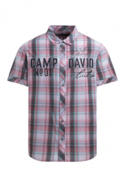CAMP DAVID Kariertes Kurzarmhemd mit Logo Prints - beachy red