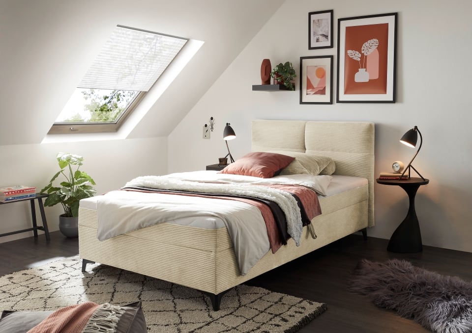 Boxbett Andon 120x200 cm mit Bettkasten Farbe Cream – ED Exciting Design, Zoom Breitcord, Bonell-Federkern und Schaumtopper
