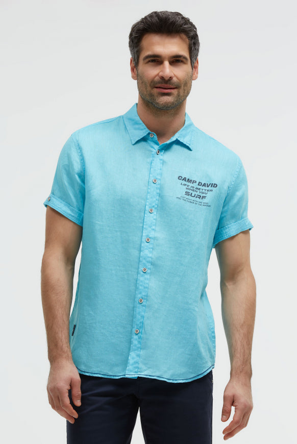 CAMP DAVID Kurzarmhemd aus Leinen mit Logo Prints