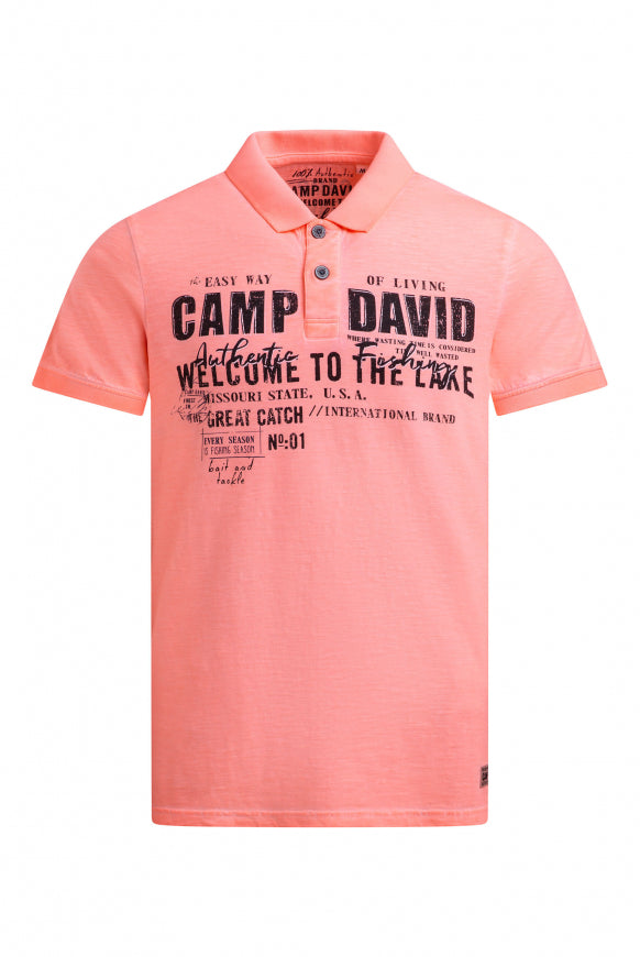 CAMP DAVID Kurzarmpolo Oil Dyed mit Logo Print - neon flame