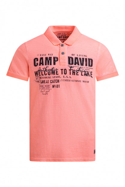CAMP DAVID Kurzarmpolo Oil Dyed mit Logo Print - neon flame