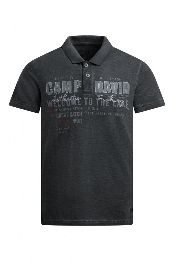 CAMP DAVID Kurzarmpolo Oil Dyed mit Logo Print - black