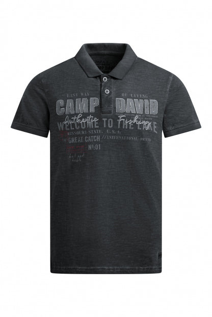 CAMP DAVID Kurzarmpolo Oil Dyed mit Logo Print - black