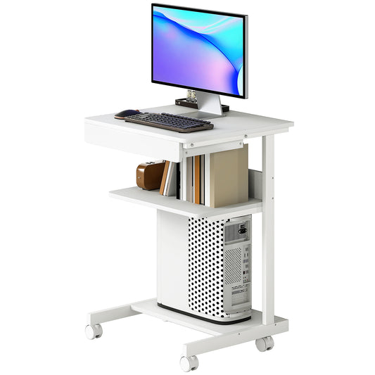 HOMCOM Computertisch auf Rollen, Schreibtisch mit Stauraum 56 x 51 cm mit Schublade, Fach und CPU-Halter, Computertisch zum Lernen für kleine Räume Schlafzimmer, Weiß   Aosom