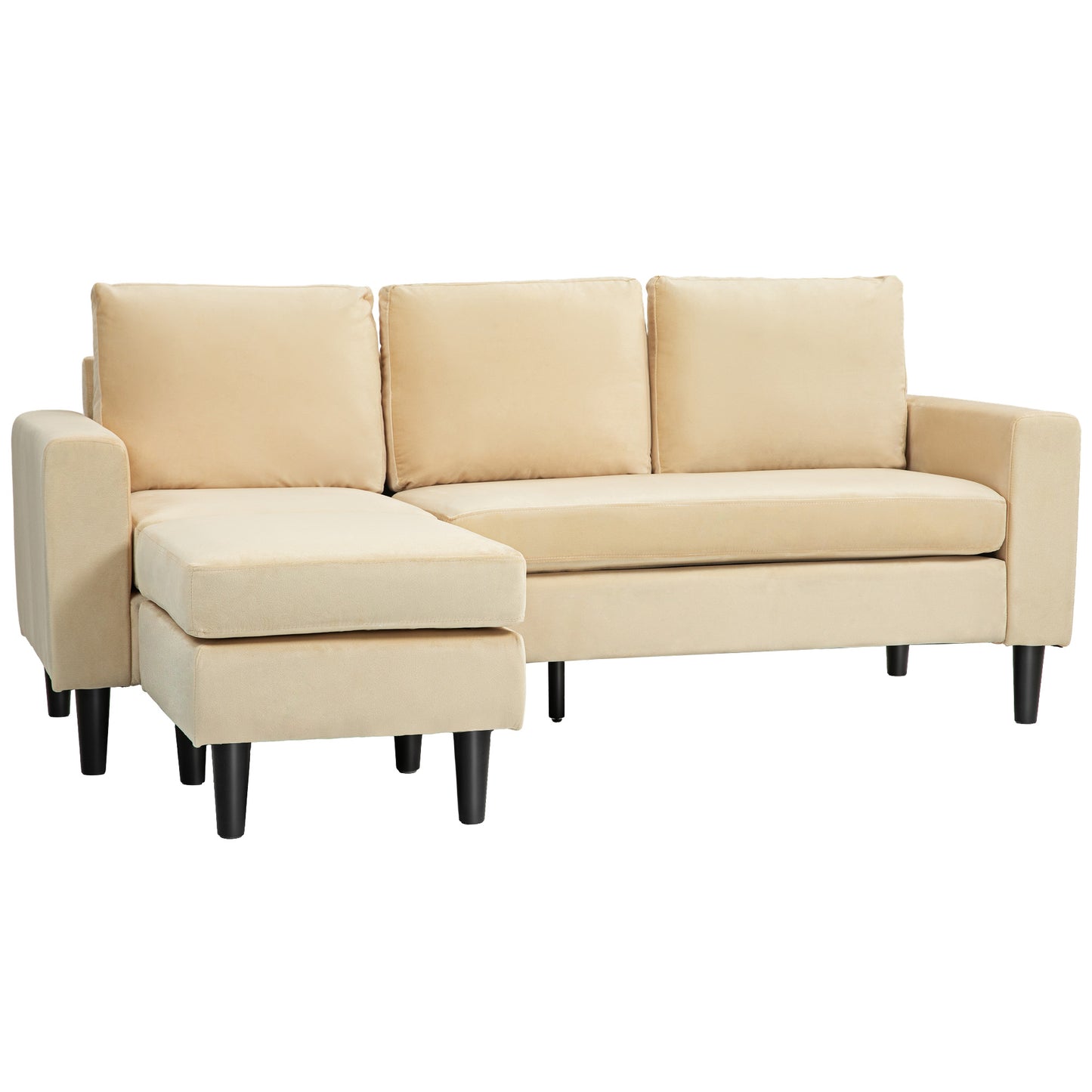 HOMCOM Ecksofa, modulares Sofa, 3-Sitzer mit Hocker und 3 Kissen, Holzfüße, Samtstoff für Wohnzimmer, Schlafzimmer, Büro, 186 x 121 x 82 cm, Beige   Aosom