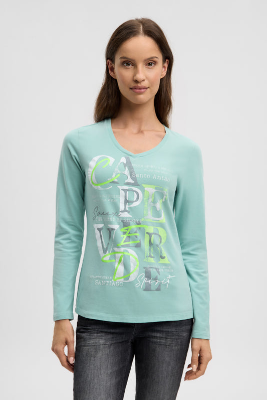 SOCCX Langarmshirt mit V-Ausschnitt und Wording Print
